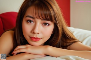 A woman standing in front of a red couch in a room.