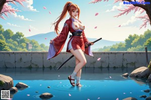 A woman in traditional attire stands by a pond, holding a sword.