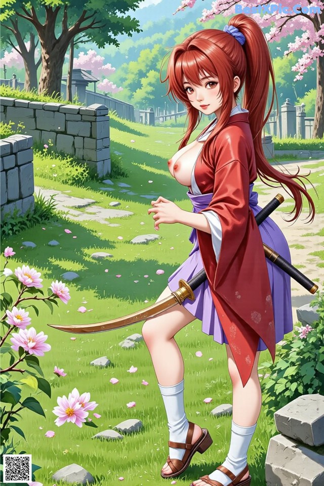 A woman in traditional attire stands outdoors with swords on her back, surrounded by greenery and flowers.