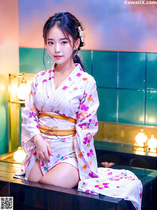 A woman in a white kimono sitting on a table.