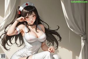 A woman in a nurse uniform standing next to a bed.