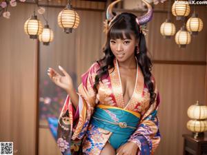 A woman in a kimono sitting on a table.