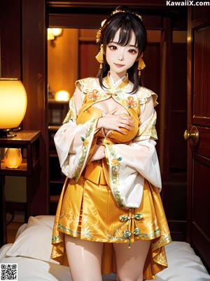 A woman in a red and gold outfit sitting on a desk.