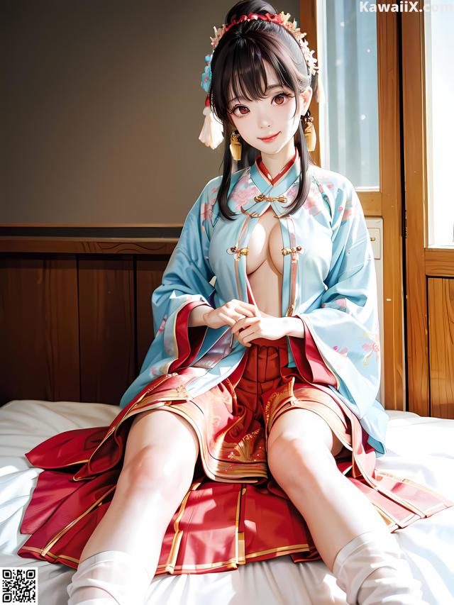 A woman in a kimono sitting on a bed.