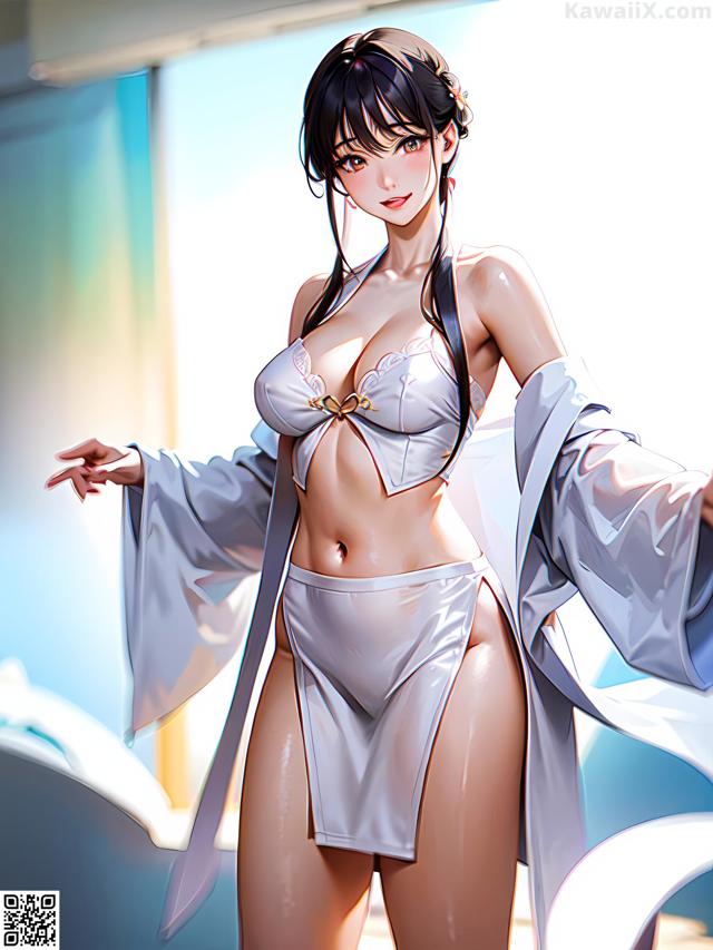 A woman in a white bikini standing in front of a window.