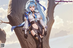 a woman with blue hair and a cape standing in front of a tree