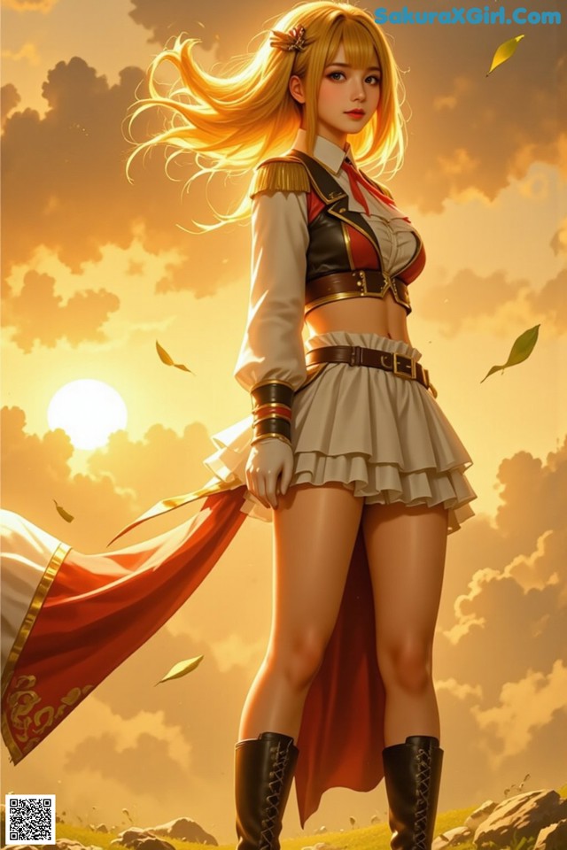 A woman in a skirt and boots standing in front of a sunset.