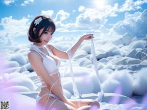 A woman in a white bikini standing in the water.