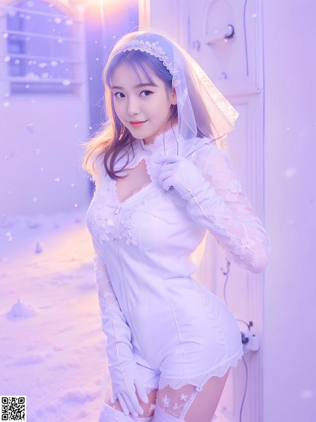 A woman in a white dress and gloves posing for a picture.